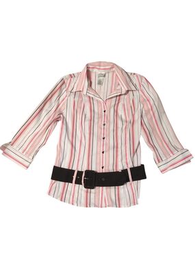 Fashion Bug Y2K Pink White Striped Button Down 3/4 Sleeve w/Belt Size M